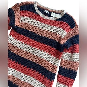 LL Bean Signature Womens Sweater Med Blue Striped Chunky Fisherman Croch…